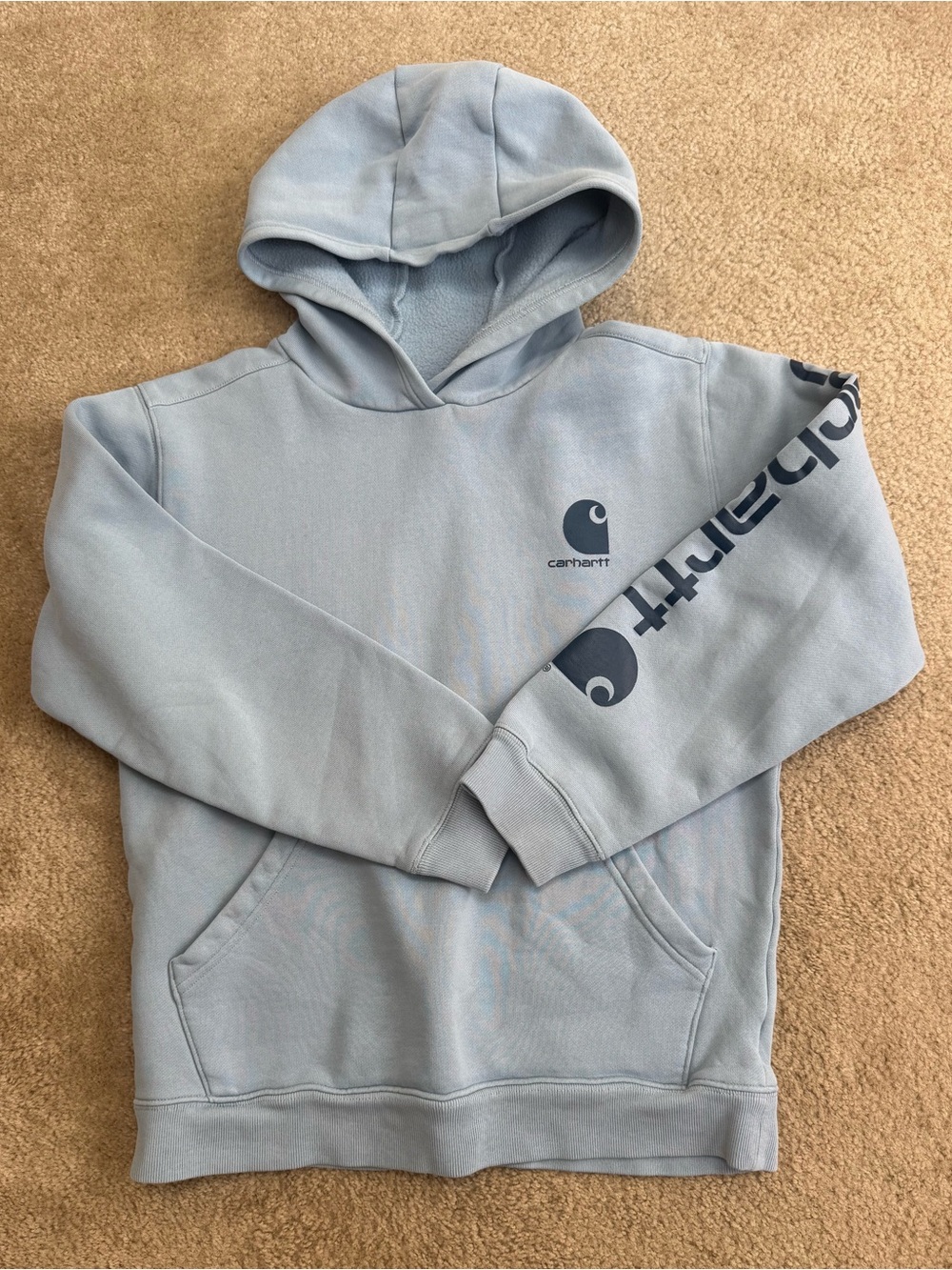 Carhartt Kids Sz 14/16 Light Blue Pullover Hoodie with Navy Logo